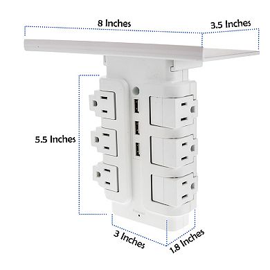 Wall Mount Surge Protector Power Strip 6 Rotating Outlets 3 Fast Charging USB with Removable Shelf