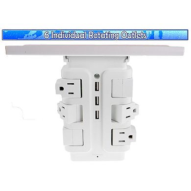 Wall Mount Surge Protector Power Strip 6 Rotating Outlets 3 Fast Charging USB with Removable Shelf
