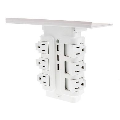 Wall Mount Surge Protector Power Strip 6 Rotating Outlets 3 Fast Charging USB with Removable Shelf