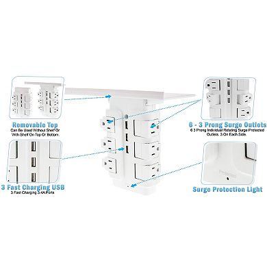 Wall Mount Surge Protector Power Strip 6 Rotating Outlets 3 Fast Charging USB with Removable Shelf