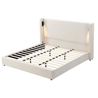 King Upholstered Bed Frame with Wingback Headboard Reading Lamp and USB Port