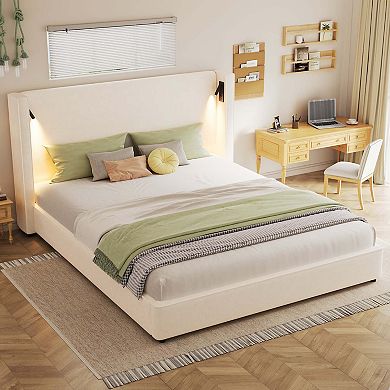 King Upholstered Bed Frame with Wingback Headboard Reading Lamp and USB Port