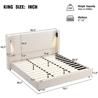 King Upholstered Bed Frame with Wingback Headboard Reading Lamp and USB Port