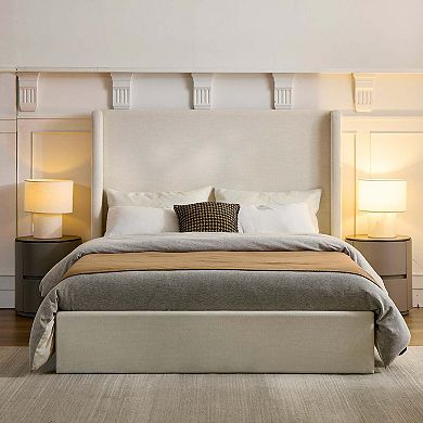 Upholstered Wingback Platform Bed with Tall Headboard and No Box Spring Needed