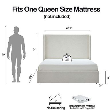 Upholstered Wingback Platform Bed with Tall Headboard and No Box Spring Needed