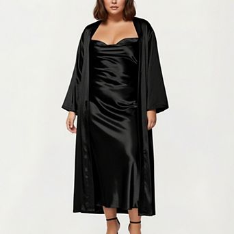 Women's PLus Size Satin Robe and Slip Set with Smooth Draping Fabric and Elegant Silhouette