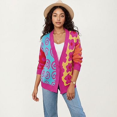 Women's Multi Pattern Open Front Cardigan with Long Sleeves and Comfortable Relaxed Layering Fit