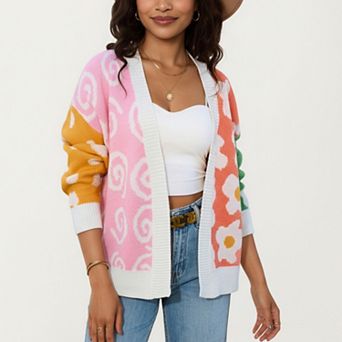 Women's Multi Pattern Open Front Cardigan with Long Sleeves and Comfortable Relaxed Layering Fit