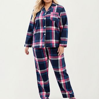Women's PLus Size 2 pc Set Plaid Flannel Pajamas with Long Sleeve Top and Soft Relaxed Fit Pants