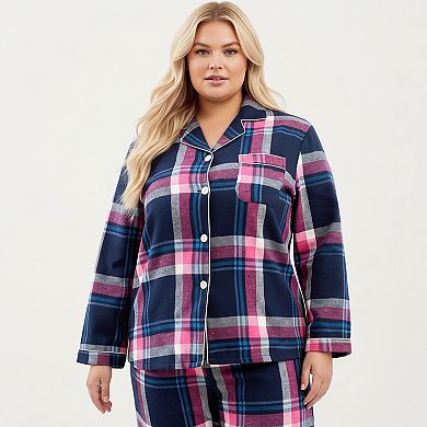 Women's PLus Size 2-Piece Set Plaid Flannel Pajamas with Long Sleeve Top and Soft Relaxed Fit Pants