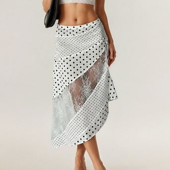 Women's Polka Dot and Lace Patchwork Midi Skirt with Asymmetrical Layered Panels