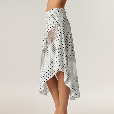 Women's Polka Dot and Lace Patchwork Midi Skirt with Asymmetrical