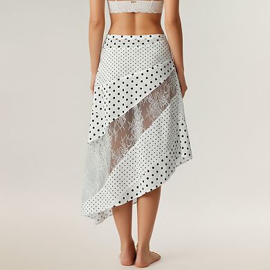 Women's Polka Dot and Lace Patchwork Midi Skirt with Asymmetrical Layered Panels