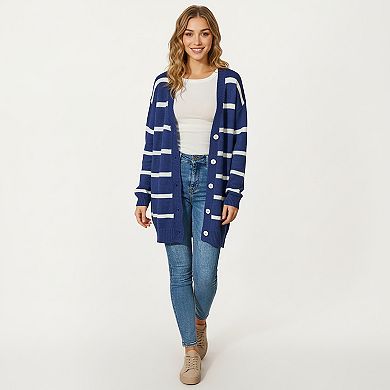 Women's Long Sleeve Striped Knit Cardigan with Soft Textured Feel and Relaxed Drop Shoulder Fit