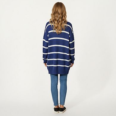 Women's Long Sleeve Striped Knit Cardigan with Soft Textured Feel and Relaxed Drop Shoulder Fit
