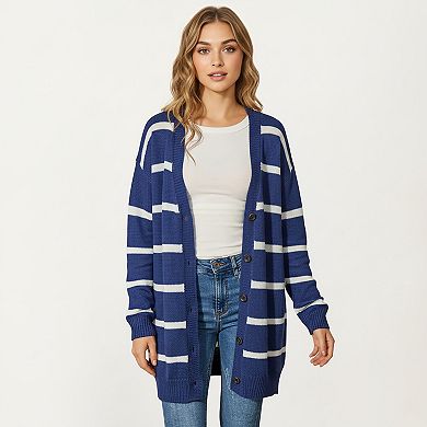 Women's Long Sleeve Striped Knit Cardigan with Soft Textured Feel and Relaxed Drop Shoulder Fit