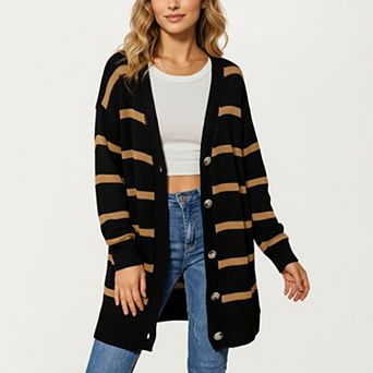 Women's Long Sleeve Striped Knit Cardigan with Soft Textured Feel and Relaxed Drop Shoulder Fit