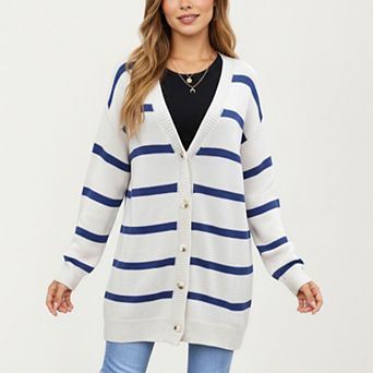 Women's Long Sleeve Striped Knit Cardigan with Soft Textured Feel and Relaxed Drop Shoulder Fit