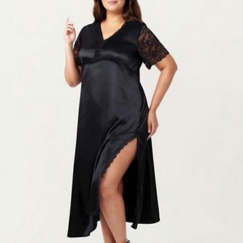 Women's Plus Size Satin Nightdress with Lace Trim Sleeves and High Side Slit Featuring