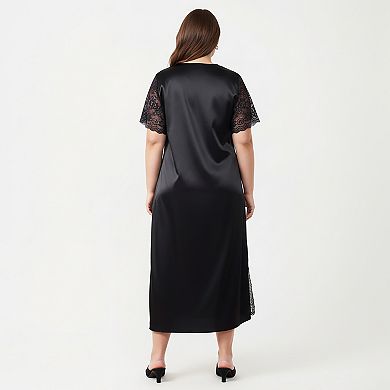 Women's Plus Size Satin Nightdress with Lace Trim Sleeves and High Side Slit Featuring
