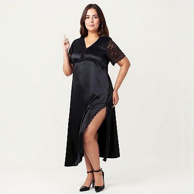Women's Plus Size Satin Nightdress with Lace Trim Sleeves and High Side Slit Featuring