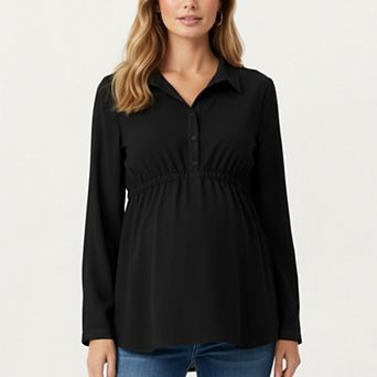 Women' s Maternity Long Sleeve Top with Collared Neckline Elastic Empire Waist