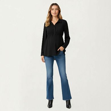 Women' s Maternity Long Sleeve Top with Collared Neckline Elastic Empire Waist