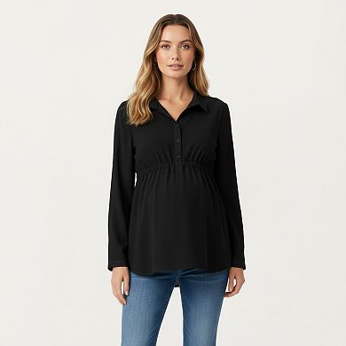 Women' s Maternity Long Sleeve Top with Collared Neckline Elastic Empire Waist