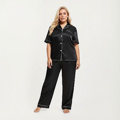 Women's PLus Size Satin Pajama Set with Short Sleeve Button Front Top and Relaxed Straight Leg Pants