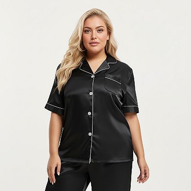 Women's PLus Size Satin Pajama Set with Short Sleeve Button Front Top and Relaxed Straight Leg Pants