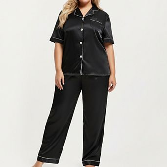 Women's PLus Size Satin Pajama Set with Short Sleeve Button Front Top and Relaxed Straight Leg Pants