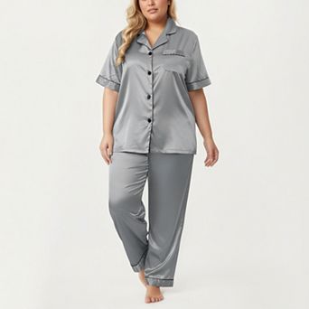 Women's PLus Size Satin Pajama Set with Short Sleeve Button Front Top and Relaxed Straight Leg Pants