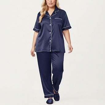 Women's PLus Size Satin Pajama Set with Short Sleeve Button Front Top and Relaxed Straight Leg Pants