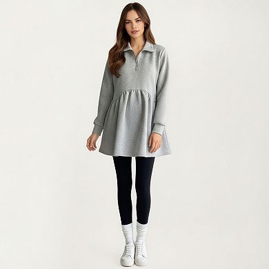 Women' s Maternity Quarter Zip Long Sleeve Top with Fleece Feel Elastic Empire Waist