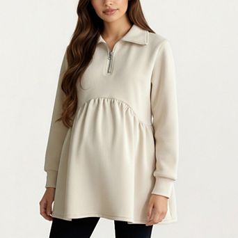 Women' s Maternity Quarter Zip Long Sleeve Top with Fleece Feel Elastic Empire Waist