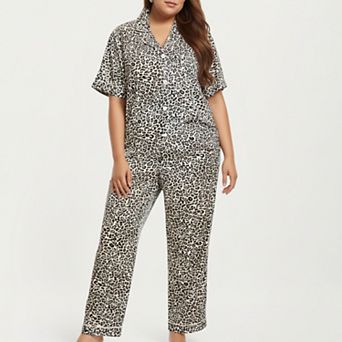 Women's PLus Size Leopard Print Pajama Set with Soft Satin Finish Relaxed Top and Straight Leg Pants