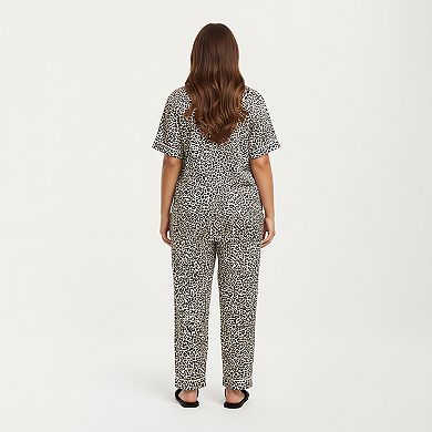 Women's PLus Size Leopard Print Pajama Set with Soft Satin Finish Relaxed Top and Straight Leg Pants