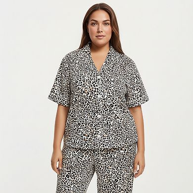 Women's PLus Size Leopard Print Pajama Set with Soft Satin Finish Relaxed Top and Straight Leg Pants