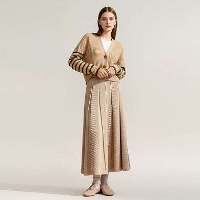 Women's Textured Diagonal-Rib Pleated Midi Skirt with Structured Panels and Soft A-Line Silhouette