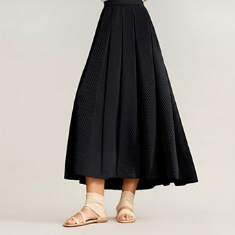 Women's Textured Diagonal-Rib Pleated Midi Skirt with Structured Panels and Soft A-Line Silhouette
