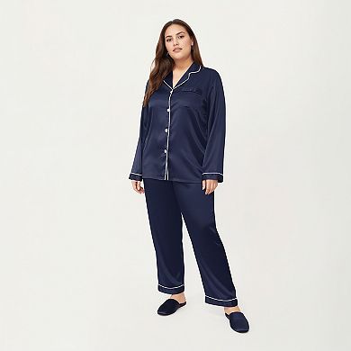 Women's PLus Size Satin Pajama Set with Long Sleeve Button Front Top and Relaxed Straight Leg Pants