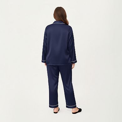 Women's PLus Size Satin Pajama Set with Long Sleeve Button Front Top and Relaxed Straight Leg Pants