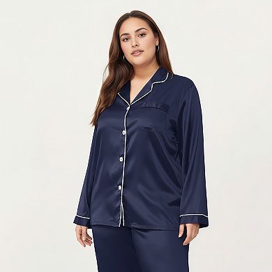 Women's PLus Size Satin Pajama Set with Long Sleeve Button Front Top and Relaxed Straight Leg Pants