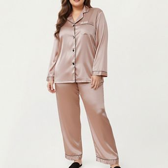 Women's PLus Size Satin Pajama Set with Long Sleeve Button Front Top and Relaxed Straight Leg Pants