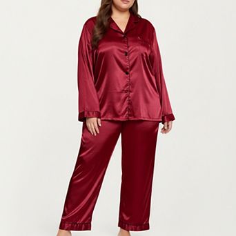 Women's PLus Size Satin Pajama Set with Long Sleeve Button Front Top and Relaxed Straight Leg Pants