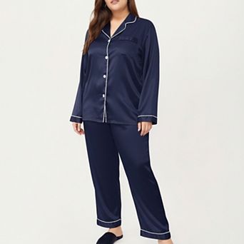Women's PLus Size Satin Pajama Set with Long Sleeve Button Front Top and Relaxed Straight Leg Pants