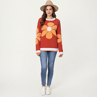 Women's Large Floral Graphic Pattern Fuzzy Knit Sweater with Soft Textured Feel Ribbed Crew Neckline