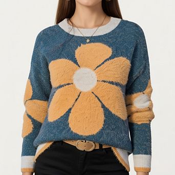 Women's Large Floral Graphic Pattern Fuzzy Knit Sweater with Soft Textured Feel Ribbed Crew Neckline
