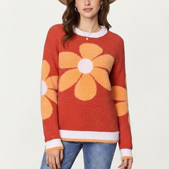 Women's Large Floral Graphic Pattern Fuzzy Knit Sweater with Soft Textured Feel Ribbed Crew Neckline