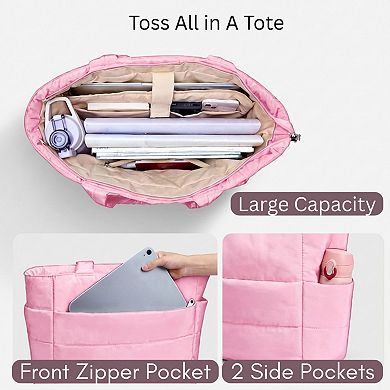 Women's Quilted Puffer Tote Bag with Luggage Strap Water-Resistant Padded Panels and Smooth Zipper